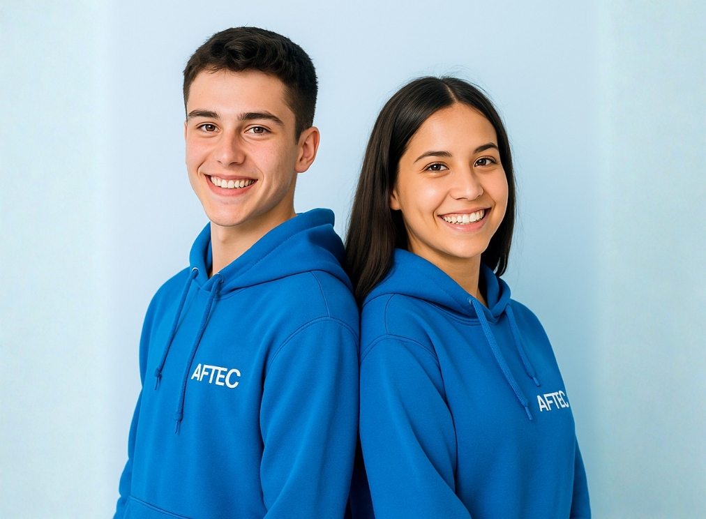 deux étudiants AFTEC dos à dos, une fille et un garçon, de 18 ans, qui sourient face à la caméra, l'arrière plan est bleu et ils portent un sweat bleu avec le logo AFTEC