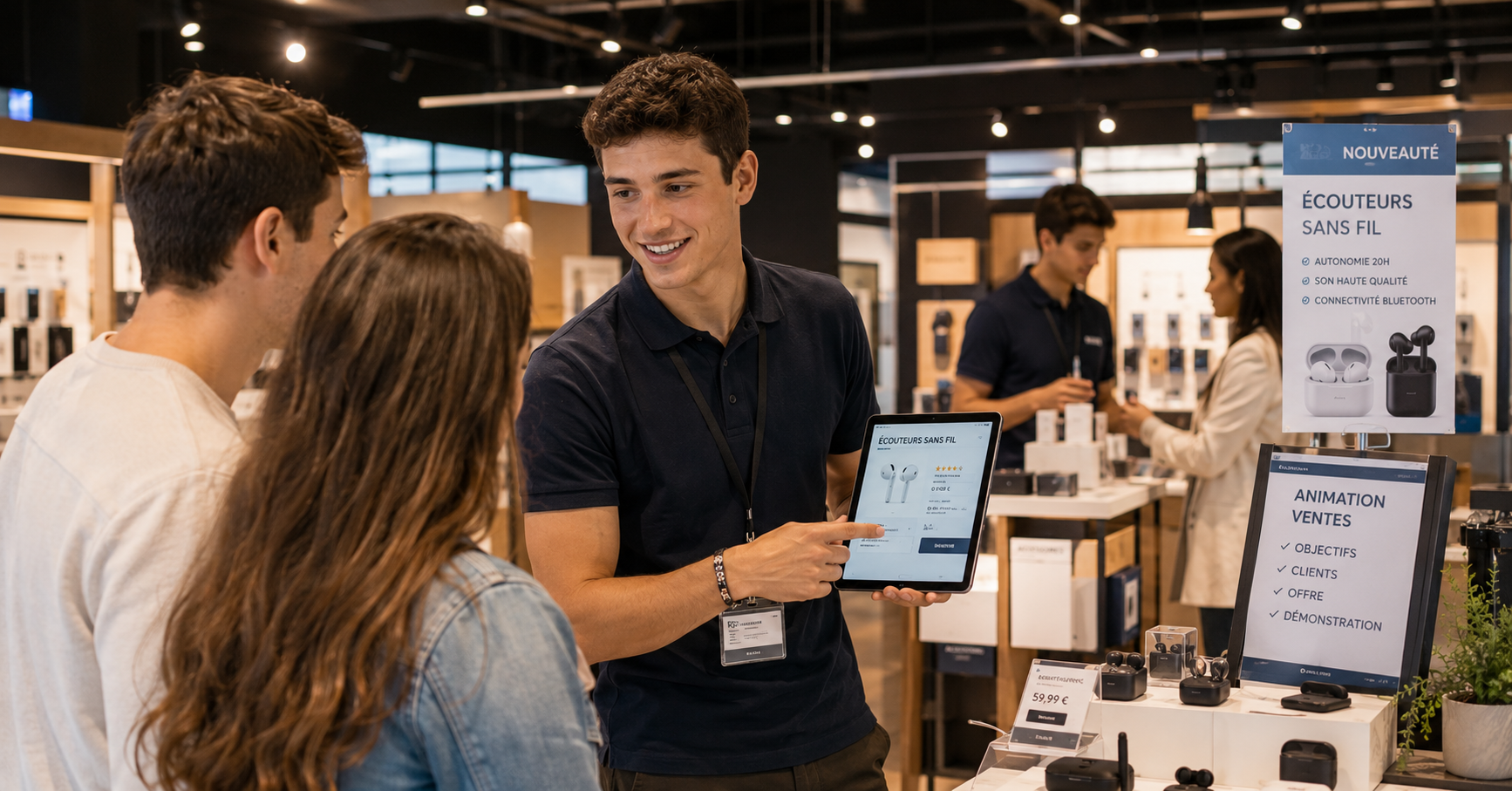 un animateur des ventes sur un salon qui promeut un nouveau produit