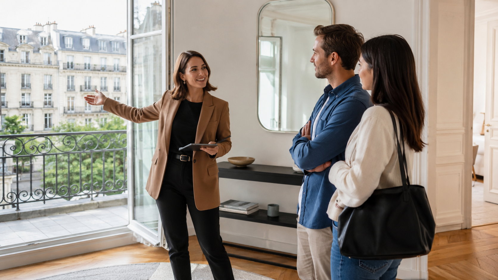 agent immobilier en visite dans un logement avec deux visiteurs