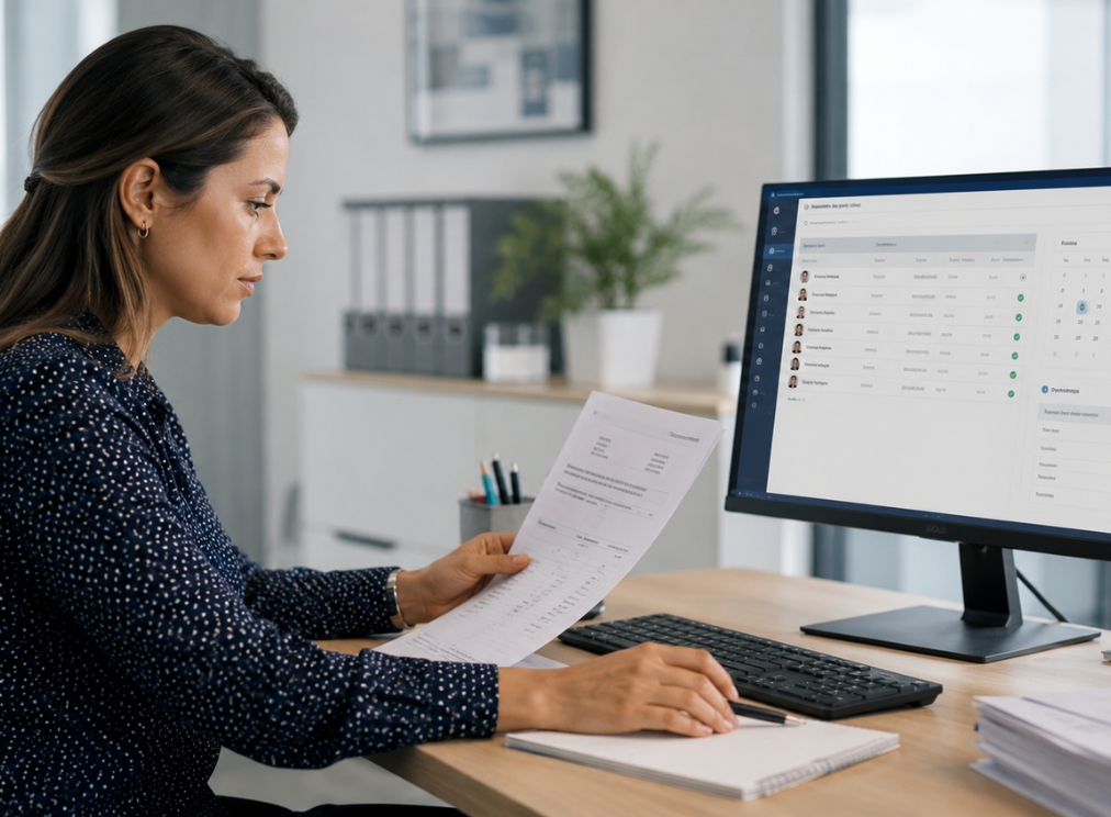 femme gestionnaire de paie travaillant sur la paie des salariés de son entreprise