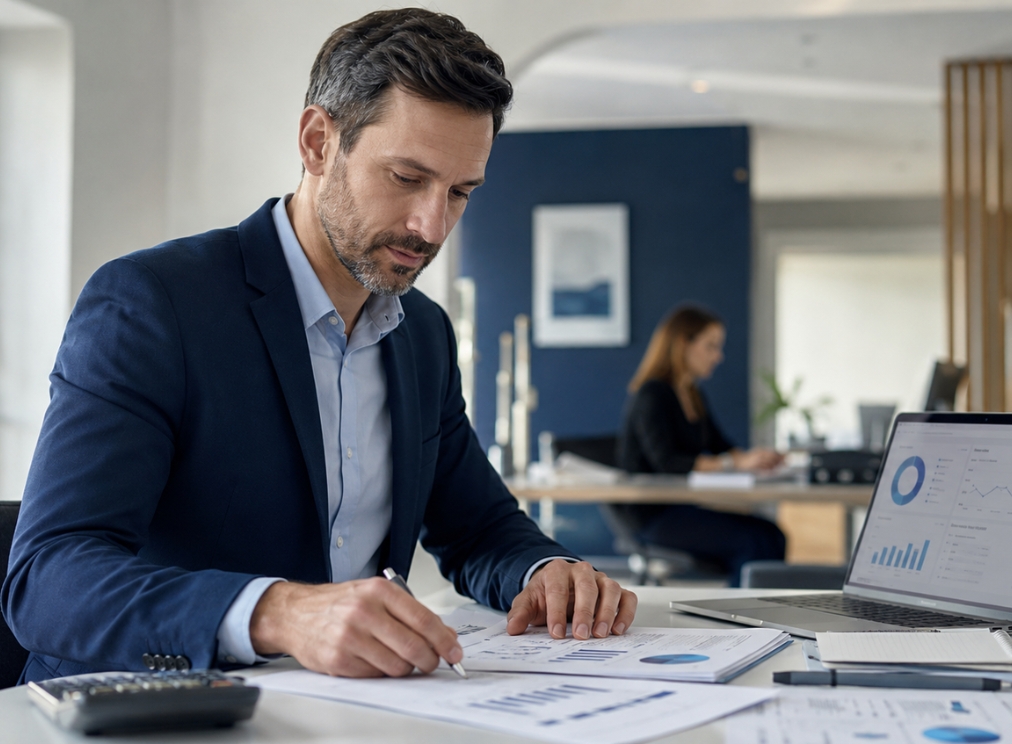 homme travaillant à son bureau, il est bien habillé avec un costume et une chemise, il travaille sur papier.