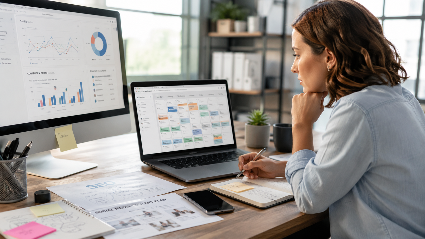 femme travaillant dans son bureau sur un planning éditorial sur son ordinateur