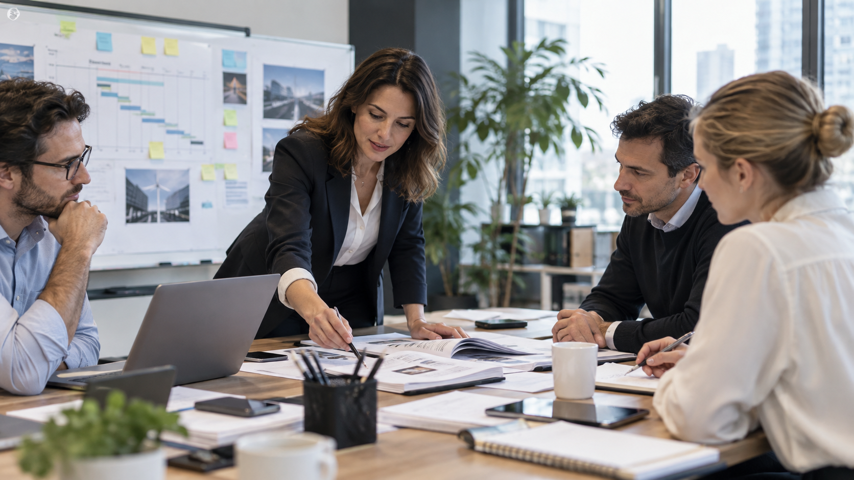 Bid manager coordonnant une réponse à appel d’offres avec une équipe autour de documents de travail