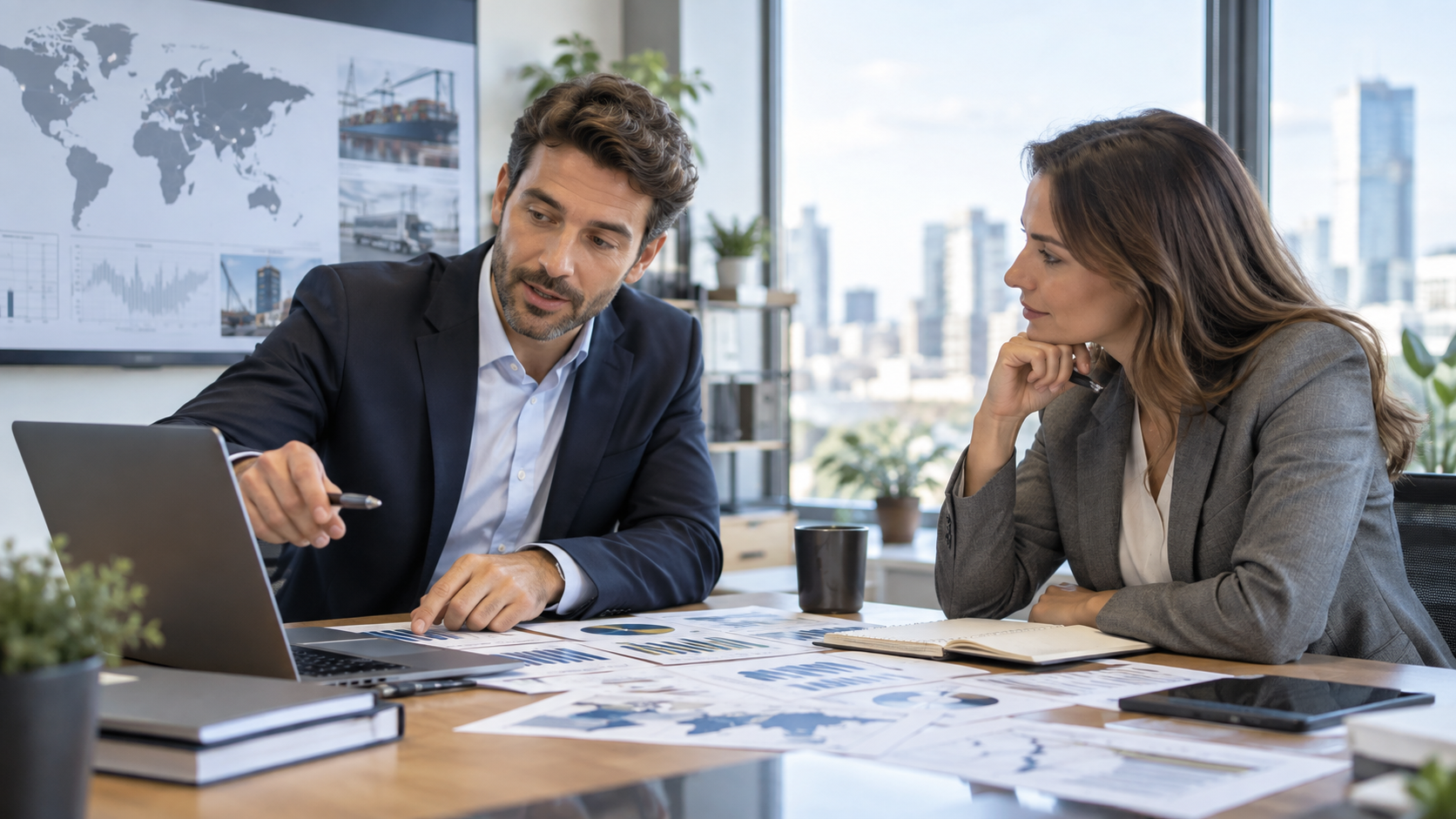 Consultant achats analysant des données fournisseurs et des indicateurs de performance avec une cliente en entreprise