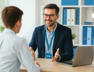 un conseiller formation présente AFTEC à un jeune lycéen, ils sont dans un bureau sur lequel est posé un ordinateur, le jeune a environ 18 ans et le conseiller a environ 35 ans