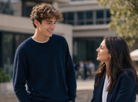 un et une étudiante discutent ensemble dehors